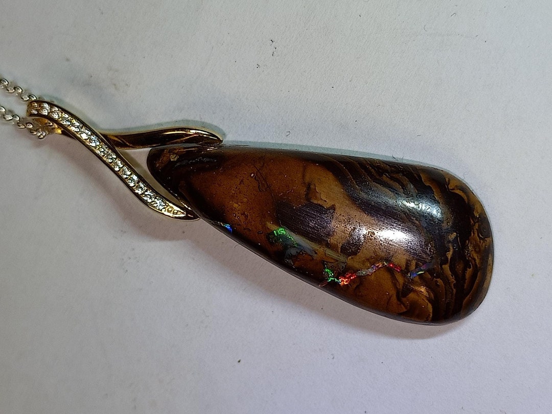 Boulder Opal Matrix Pendant, Gold Plated 925 Silver, 450mm Chain