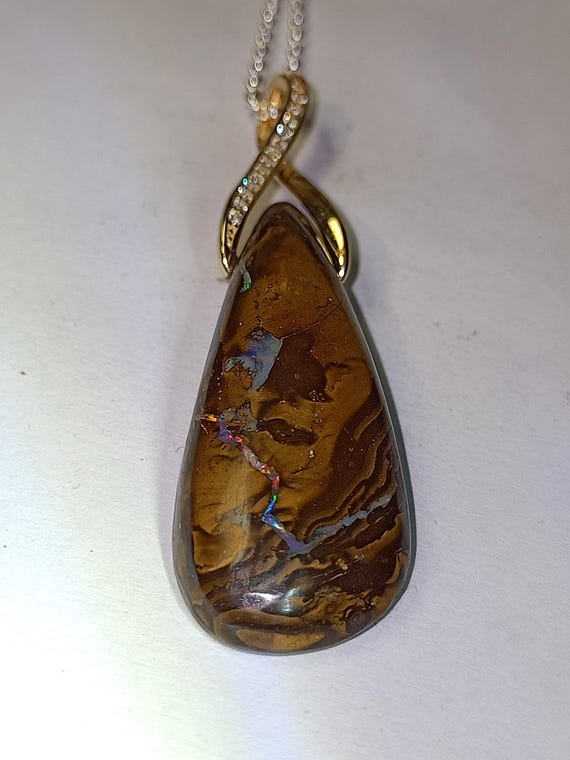 Boulder Opal Matrix Pendant, Gold Plated 925 Silver, 450mm Chain