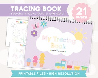 May include: A printable tracing book for preschoolers with 21 pages, including 3 covers and 18 tracing pages. The cover features a purple background with a cloud and the text "My Tracing Book".