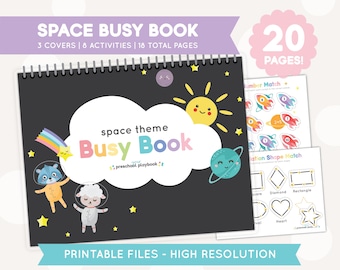 May include: A printable space-themed busy book for preschoolers. The cover features a black background with a white cloud and the text "space theme Busy Book preschool playbook". The book has 20 pages and includes activities like number matching and shape matching.