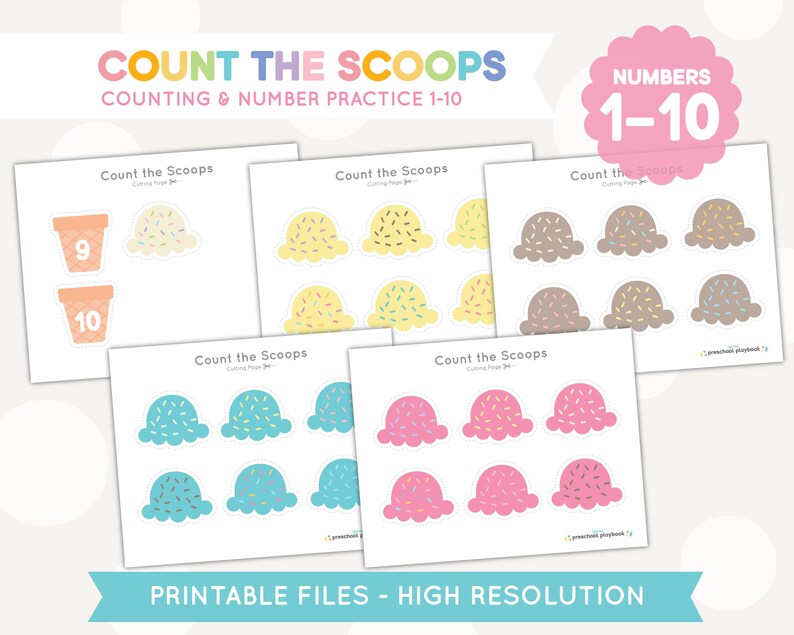 May include: Printable counting activity worksheets featuring ice cream scoops with different colors and sprinkles. The worksheets are labeled "Count the Scoops" and include numbers 1-10.