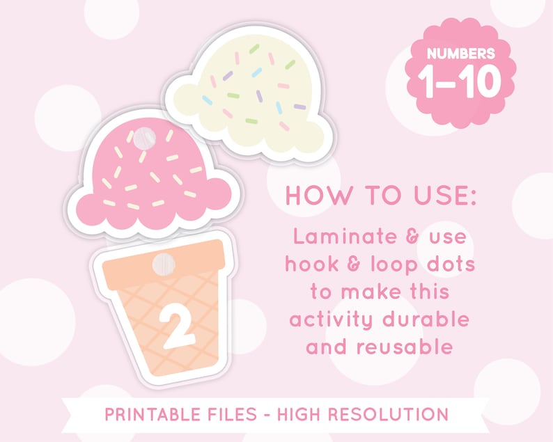 May include: Printable ice cream cone and scoop number flashcards for kids. The flashcards feature pink and white ice cream with sprinkles and the number 2 on the cone. The text "Numbers 1-10" and "How to Use: Laminate & use hook & loop dots to make this activity durable and reusable" is also included.