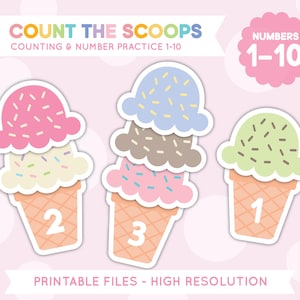 May include: Printable counting activity featuring three ice cream cones with different numbers of scoops. The cones are labeled with the numbers 1, 2, and 3. The text "COUNT THE SCOOPS" and "NUMBERS 1-10" is also included.