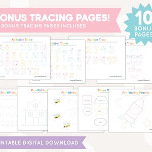 May include: Ten printable tracing pages for children. The pages include tracing letters, numbers, shapes, and pre-writing practice. The pages are designed to help children develop their fine motor skills and hand-eye coordination.