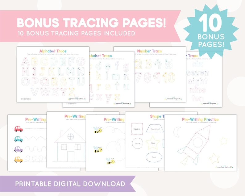 May include: Ten printable tracing pages for children. The pages include tracing letters, numbers, shapes, and pre-writing practice. The pages are designed to help children develop their fine motor skills and hand-eye coordination.