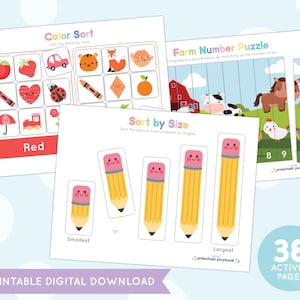 May include: Printable preschool activity pages featuring a colour sort, farm number puzzle, and a sort by size activity. The pages feature colourful illustrations of farm animals, pencils, and other objects.