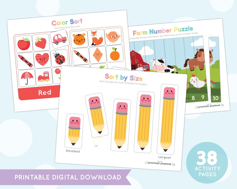 May include: Printable preschool activity pages featuring a colour sort, farm number puzzle, and a sort by size activity. The pages feature colourful illustrations of farm animals, pencils, and other objects.