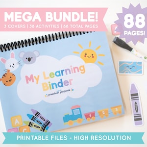 Può includere: Un raccoglitore di apprendimento prescolare stampabile blu e bianco con 88 pagine, 3 copertine e 38 attività. Il raccoglitore presenta un'illustrazione colorata di un treno, un sole e una nuvola con le parole "My Learning Binder" su di esso. Il testo "File stampabili - Alta risoluzione" è nella parte inferiore dell'immagine.