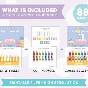 May include: Printable birthday activity pack with 88 pages, including 3 covers, 38 activities, and completed activities. The pack features a colourful crayon colour matching activity with a birthday cake theme.