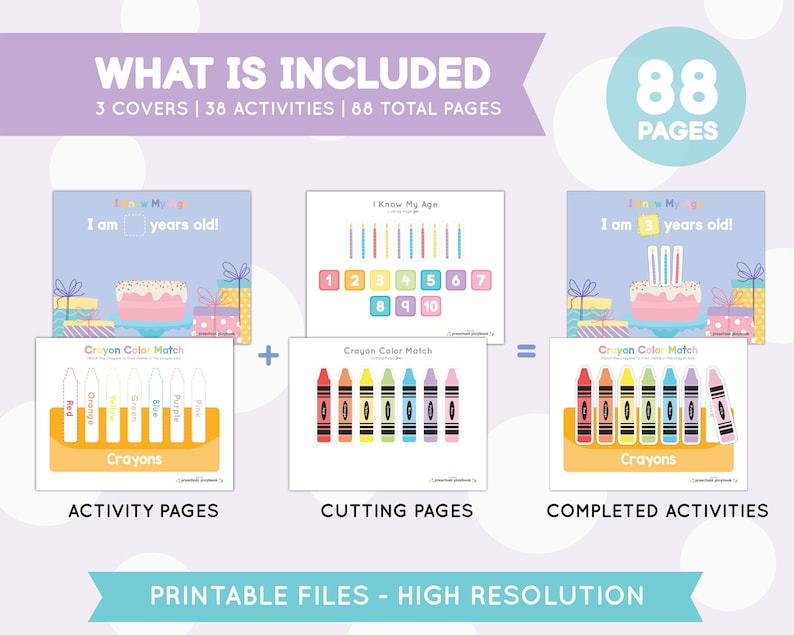 May include: Printable birthday activity pack with 88 pages, including 3 covers, 38 activities, and completed activities. The pack features a colourful crayon colour matching activity with a birthday cake theme.