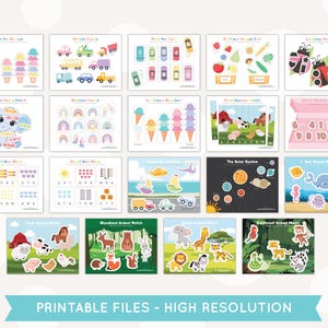 May include: A set of printable educational activity sheets for kids featuring various themes such as counting, matching, and animal identification. The sheets include colourful illustrations and simple activities.