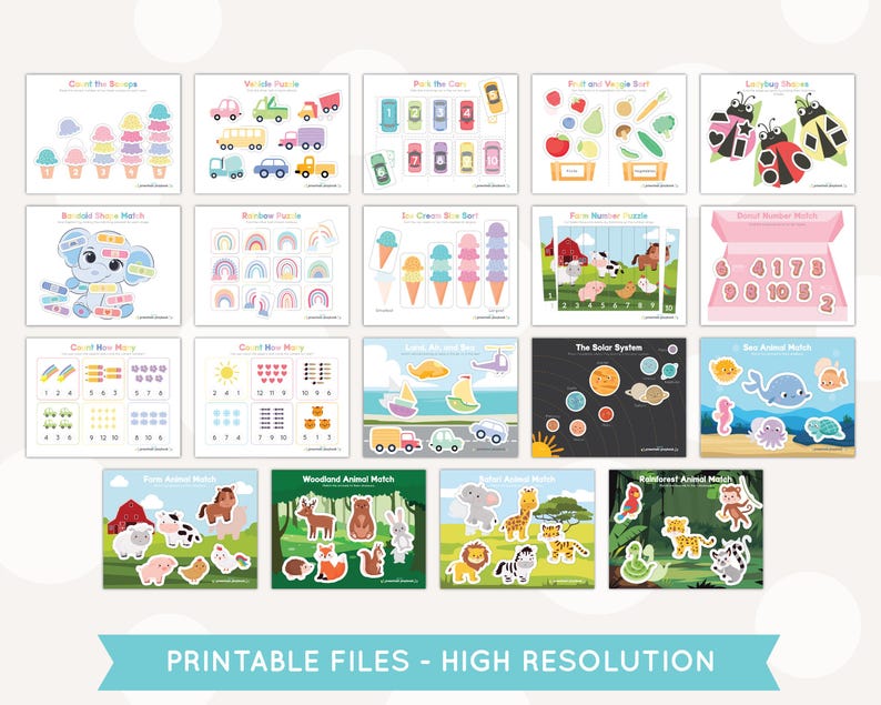 May include: A set of printable educational activity sheets for kids featuring various themes such as counting, matching, and animal identification. The sheets include colourful illustrations and simple activities.