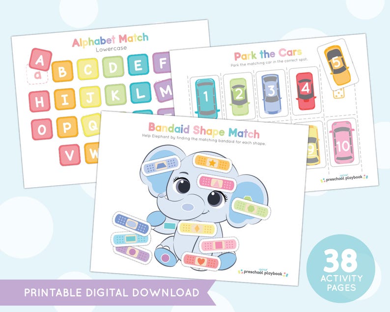 May include: Printable activity pages for preschoolers featuring alphabet matching, parking cars, and a bandaid shape matching game with a cute elephant illustration.