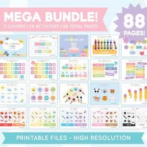 May include: A colorful printable activity pack for kids with 88 pages, 3 covers, and 38 activities. The pack includes activities like counting, matching, and color sorting. The pack is designed to help kids learn and grow.