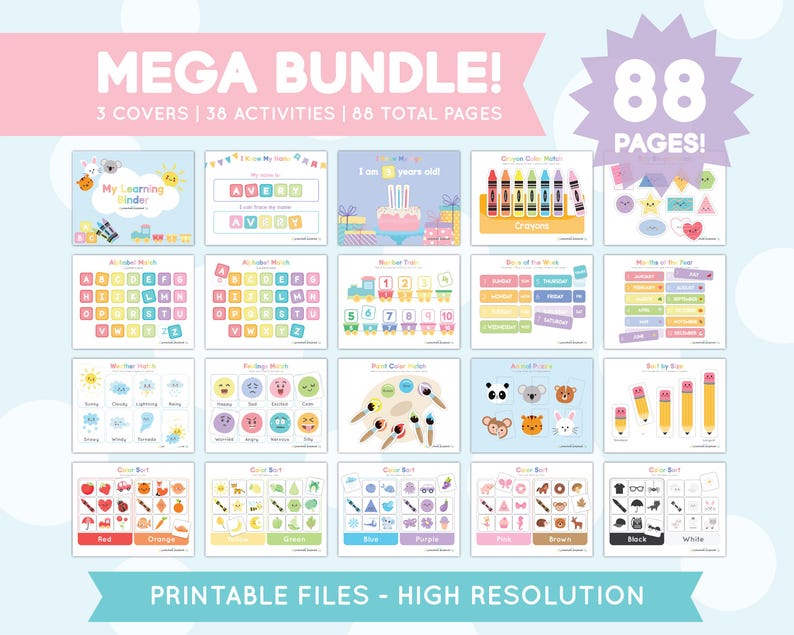 May include: A colourful printable activity pack for kids with 88 pages, 3 covers, and 38 activities. The pack includes activities like counting, matching, and colour sorting. The pack is designed to help kids learn and grow.
