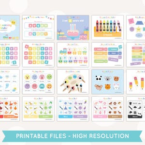 May include: A set of printable educational worksheets for children. The worksheets feature colourful illustrations and activities such as alphabet matching, colour sorting, and shape recognition. The text on the worksheets includes "My Learning Binder", "I am 3 years old", "Crayons", "Days of the Week", "Weather Match", "Paint Colour Match", "Animal Match", "Sort by Size", "Colour Sort", and "Colour Sort".