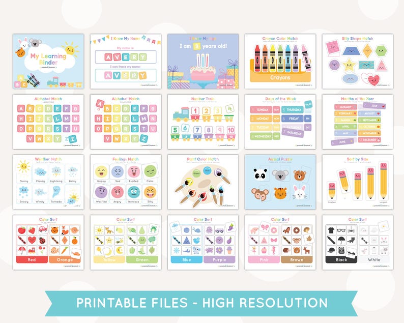 May include: A set of printable educational worksheets for children. The worksheets feature colourful illustrations and activities such as alphabet matching, colour sorting, and shape recognition. The text on the worksheets includes "My Learning Binder", "I am 3 years old", "Crayons", "Days of the Week", "Weather Match", "Paint Colour Match", "Animal Match", "Sort by Size", "Colour Sort", and "Colour Sort".