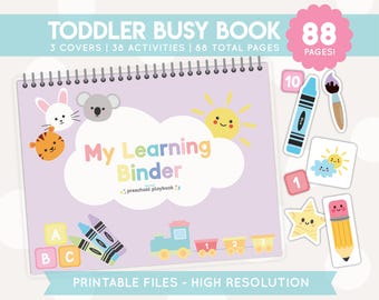 May include: A lavender toddler busy book titled "My Learning Binder" with the text "preschool playbook". The cover features a bunny, koala, and tiger. Includes 3 covers, 38 activities, and 88 pages. Includes colorful illustrations of a crayon, paint brush, and more.