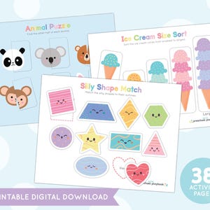 May include: A set of 38 printable activity pages for preschoolers featuring animal puzzles, ice cream size sorting, and silly shape matching. The pages are colourful and feature cute illustrations.
