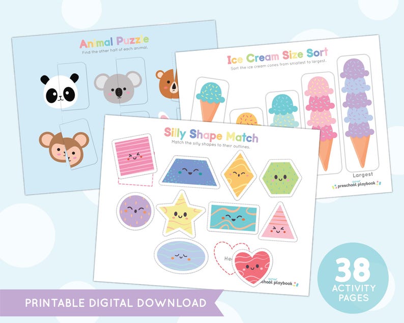 May include: A set of 38 printable activity pages for preschoolers featuring animal puzzles, ice cream size sorting, and silly shape matching. The pages are colourful and feature cute illustrations.