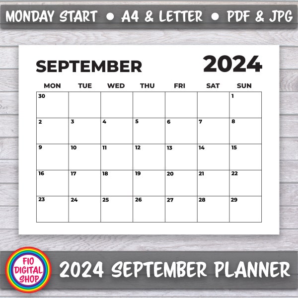 Agenda mensuel minimaliste noir et blanc début du lundi 2024, calendrier numérique, agenda daté, calendrier imprimable paysage
