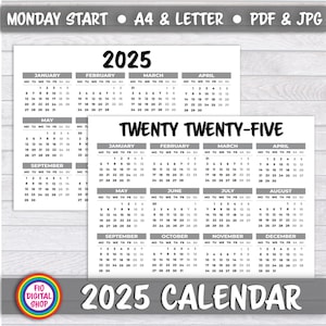 2025 Minimalist Black and White Calendar, Monday Start Printable Calendar, Plain calendar, Monthly Planner, 2025 Wall Art Calendar Landscape
