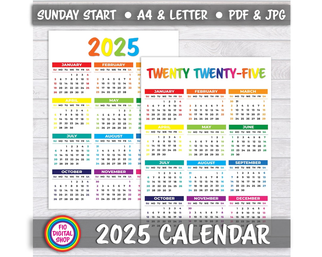 2025 Minimalist Color Calendar, Sunday Start Printable Calendar, Plain ...