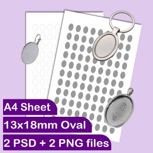 以下が含まれることがあります： 13x18mmの楕円形の形状が印刷されたグリッドが印刷された2枚の紙。シートは、画像に示されているものの1つである、空白の楕円形の金属チャームで使用されます。画像には、空白の楕円形の金属キーチェーンチャームも表示されています。