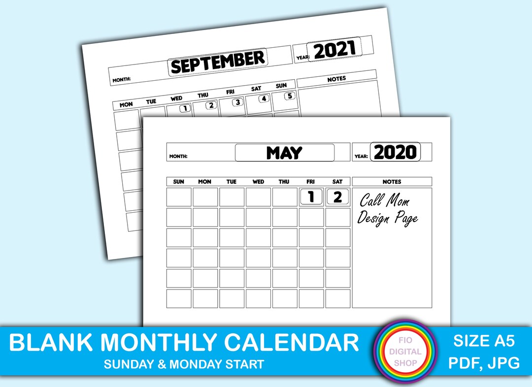Printable Blank Monthly Calendar (sunday/monday Start) + Printable ...