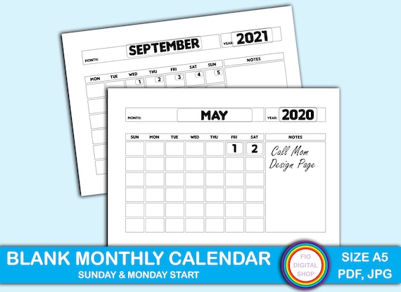 Printable Blank Monthly Calendar sunday/monday Start | Etsy