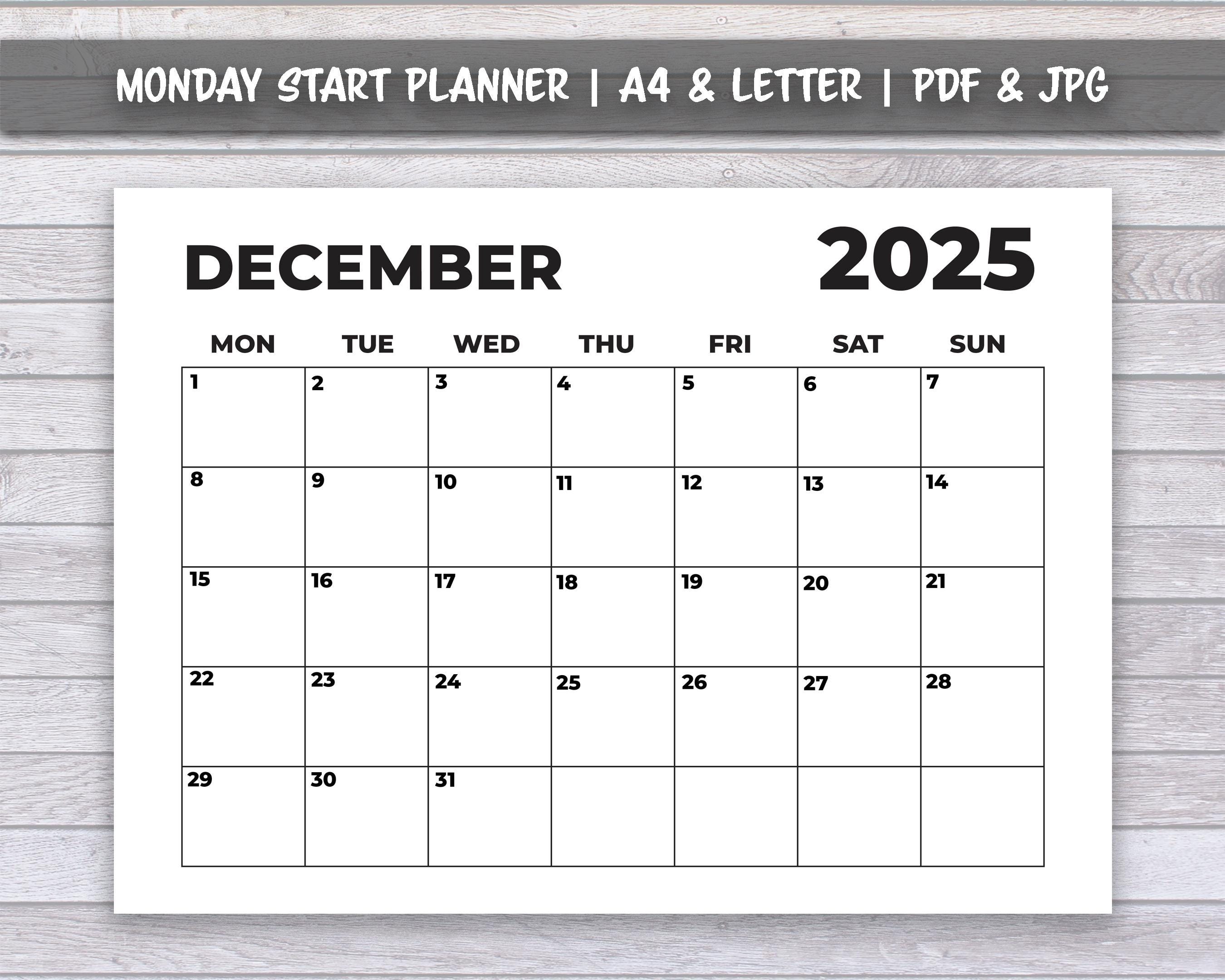 Monthly Planner December 2025, Simple Planner, Printable Landscape