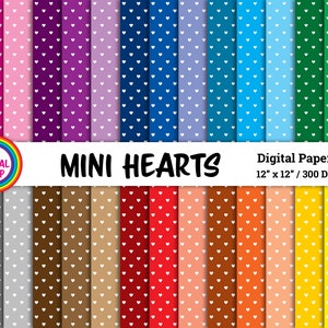 Mini Hearts Digital Paper Pack, 30 Colors, Background, Wallpaper, Scrapbooking Paper, Digital Craft, Pattern, Commercial Use, Planner Paper