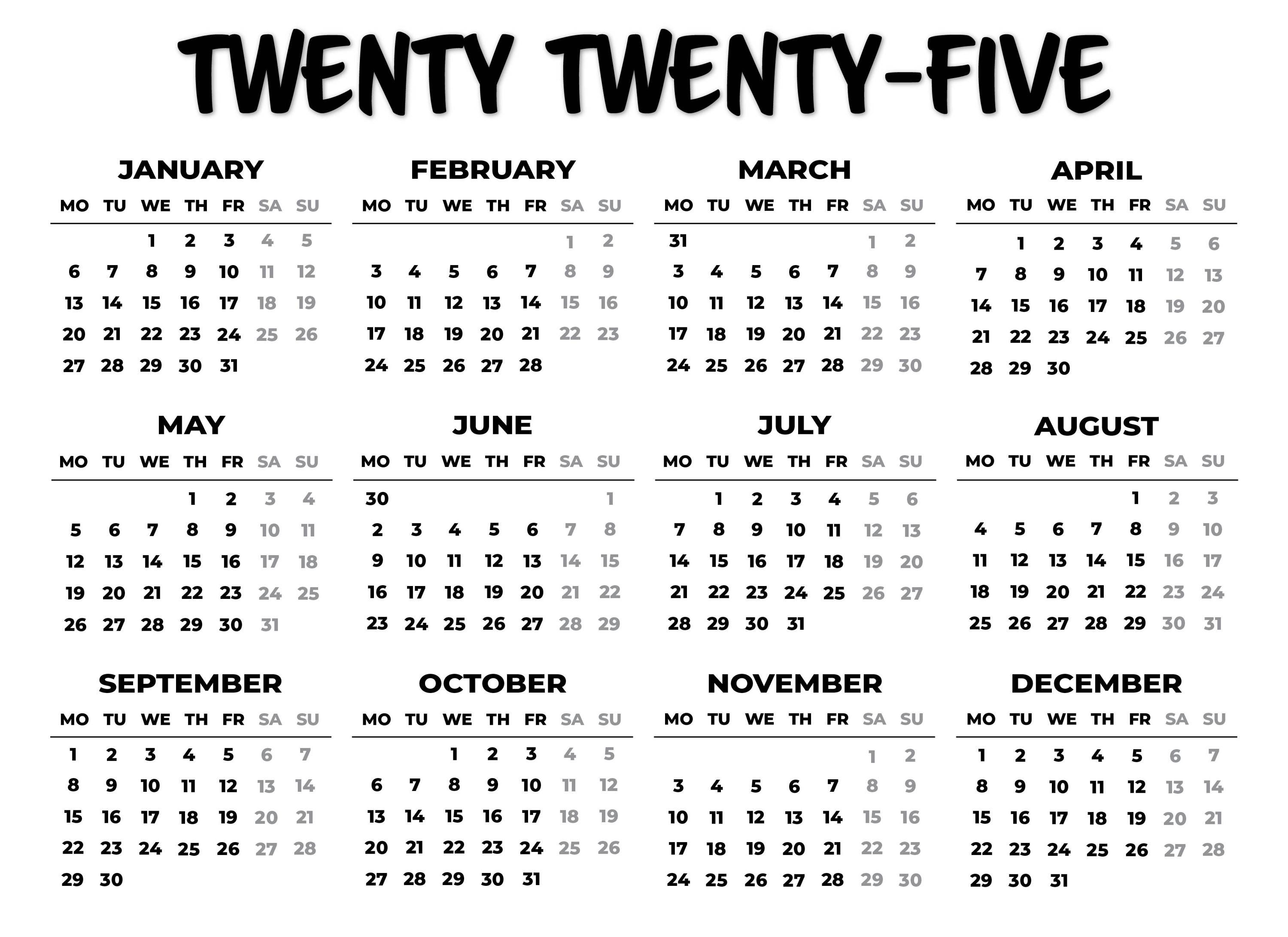 2025 Minimalist Black and White Calendar, Monday Start Printable ...