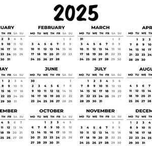 2025 Minimalist Black and White Calendar, Monday Start Printable ...