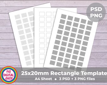 Può includere: Tre fogli A4 bianchi con modelli di rettangoli. Un foglio ha quadrati grigi, un altro quadrati grigi a scacchi e il terzo quadrati delineati. L'immagine include il testo "25x20mm Rectangle Template" e "PSD PNG".