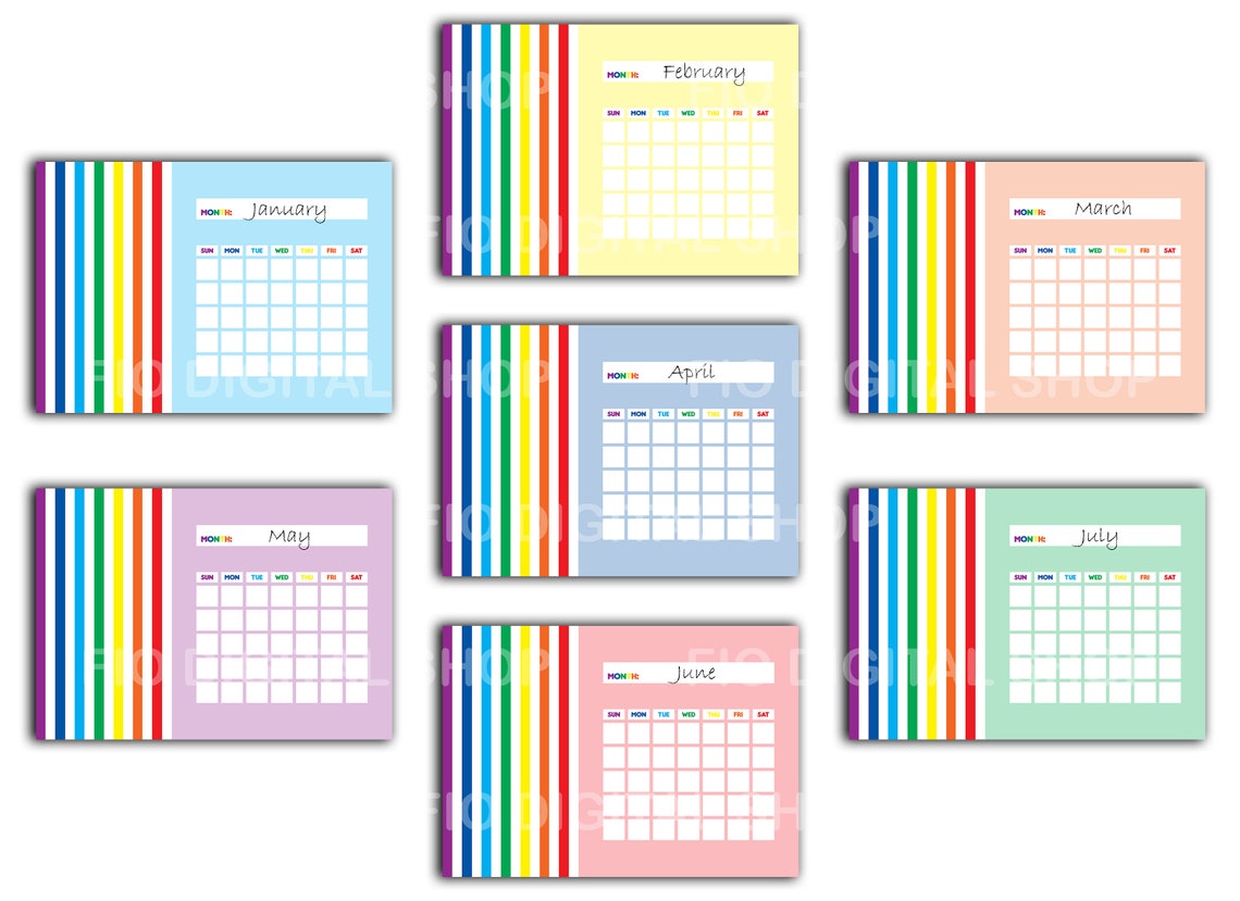 Printable Blank Monthly Rainbow Calendar sun/mon Start Etsy