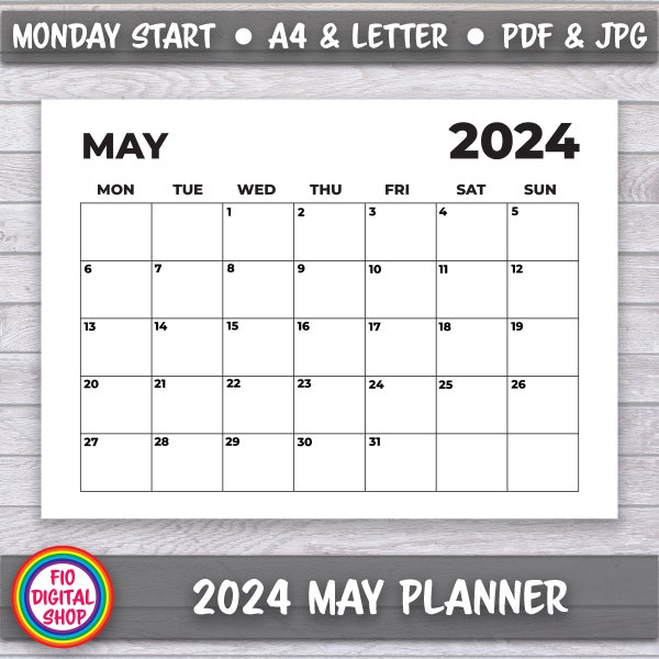 2024 May Monday Start Minimalist Black and White Monthly Planner, Digital Calendar, Dated Planner, Landscape Printable Calendar