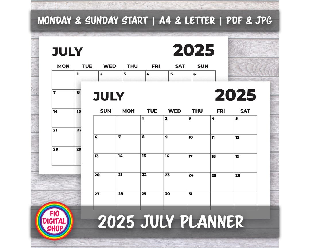 Monthly Planner July 2025, Simple Planner, Printable Landscape Calendar