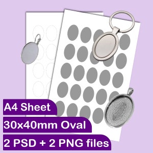 May include: Two sheets of paper with a grid of 30x40mm oval templates. One sheet is white with gray outlines, the other is gray with white outlines. The image also shows a silver oval keychain, a silver oval pendant, and a silver earring with an oval blank.