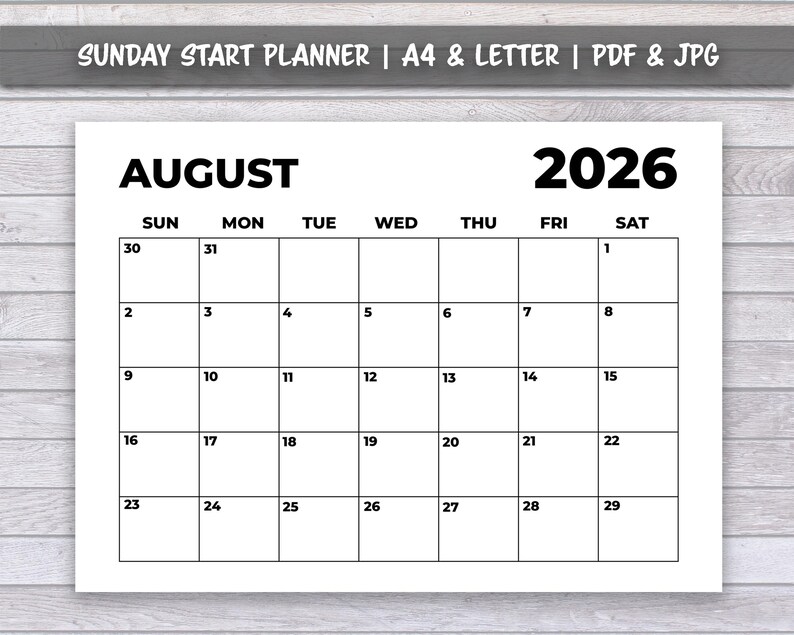Planificador mensual de agosto de 2026, sencillo, imprimible, con ...