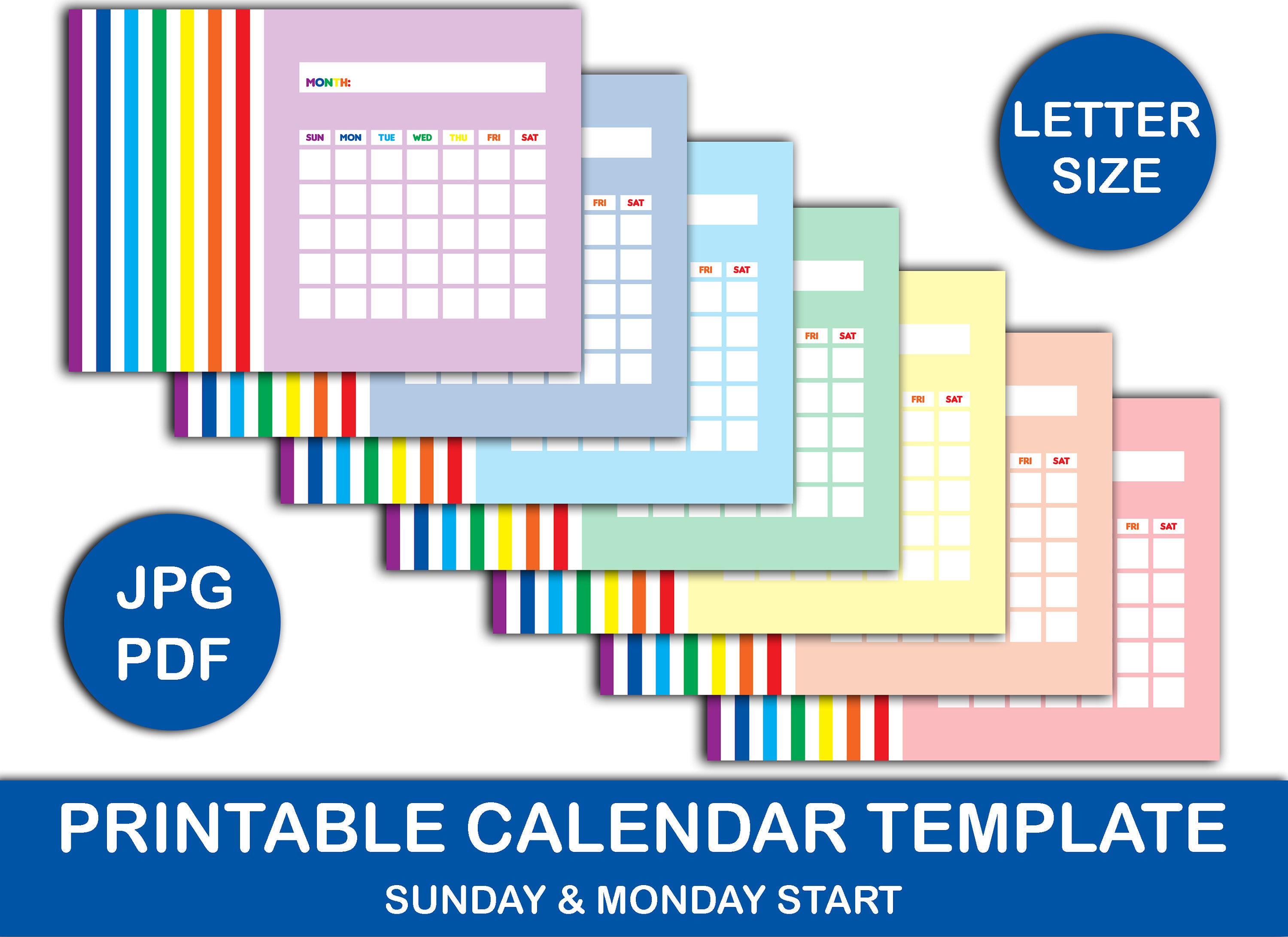 Printable Blank Monthly Rainbow Calendar sun/mon Startblank - Etsy
