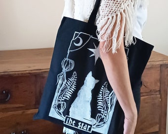 The star tarot card tote bag, cat tarot tote, black gothic tote bag, witchy book bag, occult, mystical, pagan, goth, hand block printed