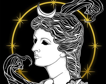 SELENE print, Greek goddess, Greek mythology, ancient Greece, moon goddess, pagan, wiccan decor, altar, witch, black, occult, mystical