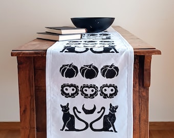 hand printed Halloween table runner with cats, owls and pumpkins, gothic table decor, Halloween decoration, gothic party, spooky, witchy fun