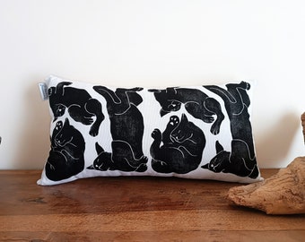 rectangular black cat pillow, block printed cat motif pillow, funny cat pattern, sleeping cat poses, armchair pillow, ready filled cushion,