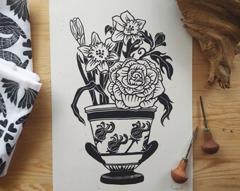 Botanical nature linocut print, vase original Lino print, floral linocut wall art, Greek amphora & flowers lino, Greek pottery wall decor