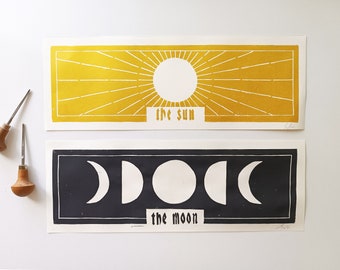 sun and moon original linocut print set, celestial linocut art collection, modern boho wall decor, moon phases, black moon, gold sun, witchy