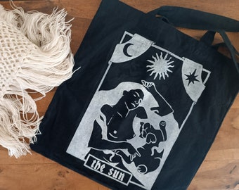 The Sun tarot card tote bag, cat tarot tote, black gothic tote bag, witchy book bag, occult, mystical, pagan, goth, hand block printed