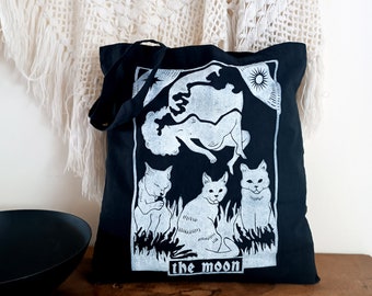 The moon tarot card tote bag, cat tarot tote, black gothic tote bag, witchy book bag, occult, mystical, pagan, goth, hand block printed