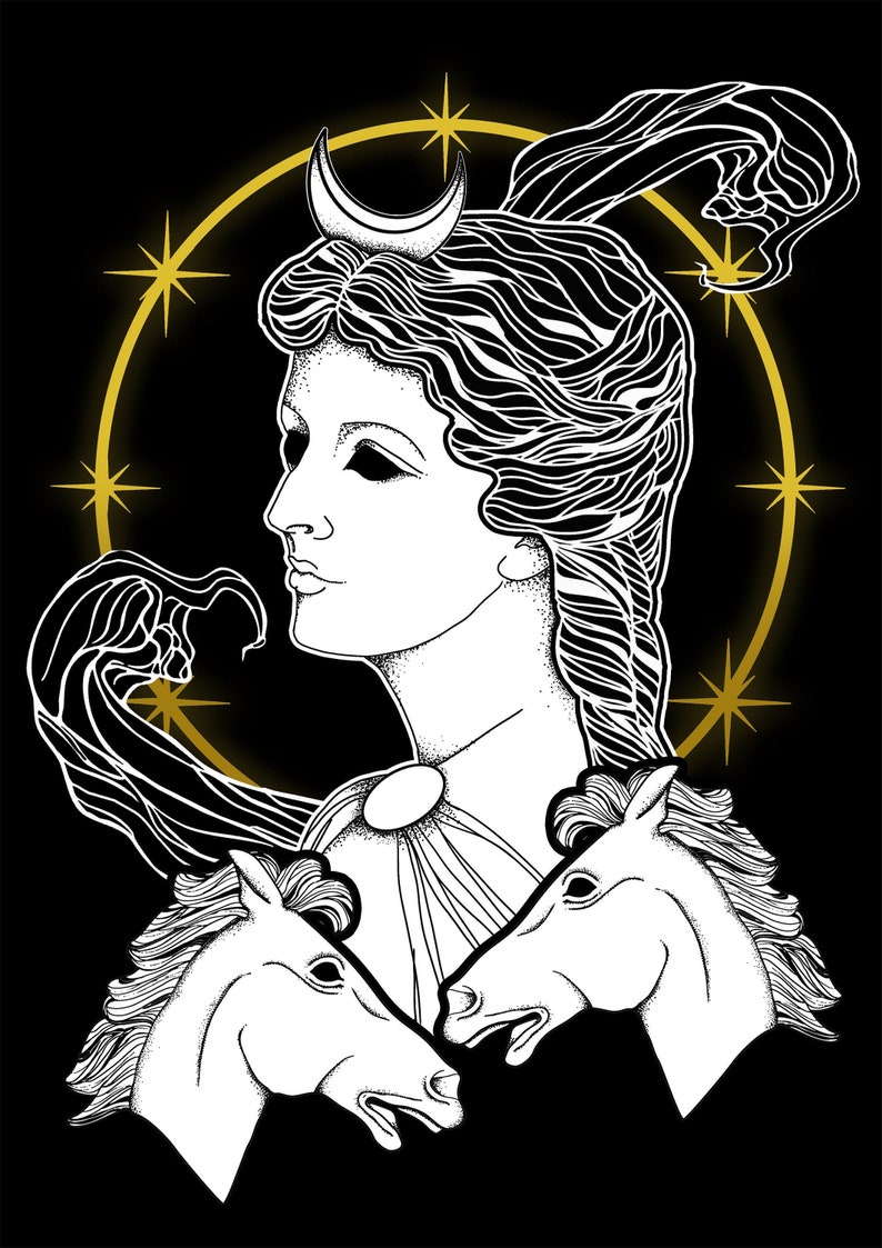 SELENE print, Greek goddess, Greek mythology, ancient Greece, moon goddess, pagan, wiccan decor, altar, witch, black, occult, mystical image 1